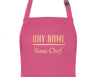 PERSONALISED Gold Sous Chef Name Childs Kids Pink Apron Ages 3-6 & 7-10