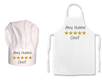 PERSONALISED 5 Star Chef Childs Chefs Hat or Apron or Both in a set of 2.  100% Polyester Hats and or Apron