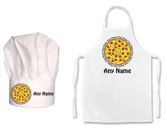 PERSONALISED Pizza Print Childs Chefs Hat or Apron or Both in a set of 2.  100% Polyester Hats and or Apron