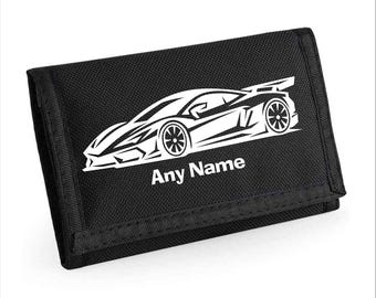 PERSONALISED Racing Car, Hypercar, Supercar Car Print Black Boys RipStrip Wallet