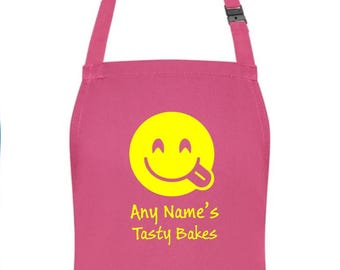 PERSONALISED Emojicon Tasty Bakes Name Childs Kids Pink Apron Ages 3-6 & 7-10