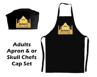 Personalised Curry Night Indian Print gold on a BLACK Adults Apron / Chefs Skull Cap Or in a set