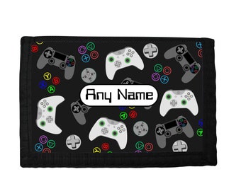 PERSONALISED Game Controller Multi Print Black Boys Rip Velcro Wallet