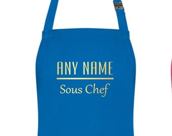 PERSONALISED Gold Sous Chef Chef Childs Kids Blue Apron Ages 3-6 & 7-10