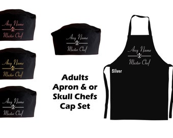 Personalised Masterchef Print on a BLACK Adults Apron / Chefs Skull Cap Or in a set of 2 Gold Silver White or Pink