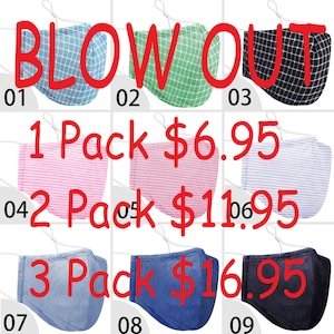 BLOW OUT ADULT Face Mask with Filter Pocket, Made in U.S.A Cotton Washable Reusable Mask, 3 Layers Face Mask with Nose wire, Dust Mask