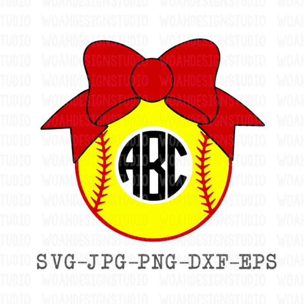 Softball SVG, Softball Monogram Svg, Softball With Bow SVG, Sports Svg, Svg Files, Cricut SVG, Silhouette Svg, Cutting Files