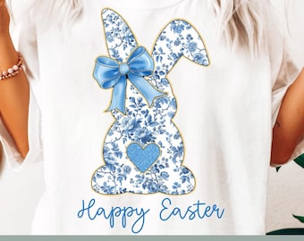 Blue Floral Easter Bunny PNG: Chinoiserie Coquette (Digital Download)