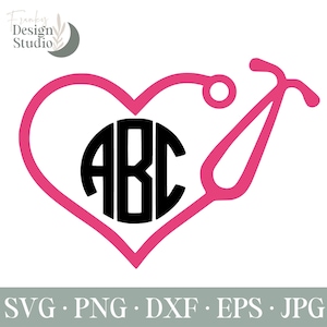 May include: A pink heart with a stethoscope wrapped around it. The heart has the letters "ABC" in a black circle in the center.