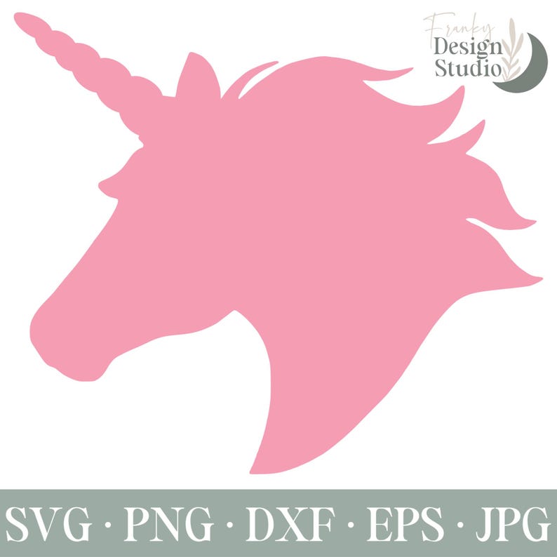 May include: A pink silhouette of a unicorn head with a single horn. The unicorn is facing left.