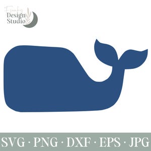 May include: A blue whale silhouette with a simple, flat design. The whale is facing right and has a tail fin.