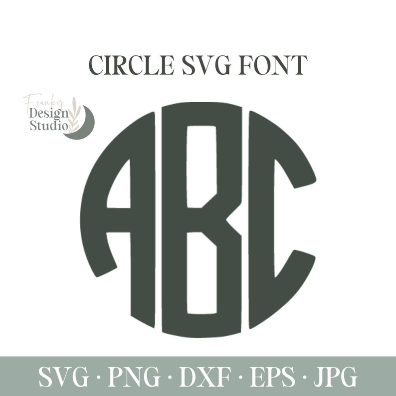 May include: A black and white image of the letters A, B, and C in a circle. The letters are in a monogram style, with the B in the centre and the A and C on either side. The text "CIRCLE SVG FONT" is above the circle and the text "SVG. PNG. DXF. EPS. JPG" is below the circle.