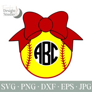 May include: A yellow softball with red stitching and a black circle with the letters "ABC" in the center. A red bow is on top of the softball.