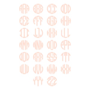May include: A set of 26 pink oval-shaped monograms, each featuring a different letter of the alphabet. The monograms are arranged in rows of four, with the last row having only two monograms.