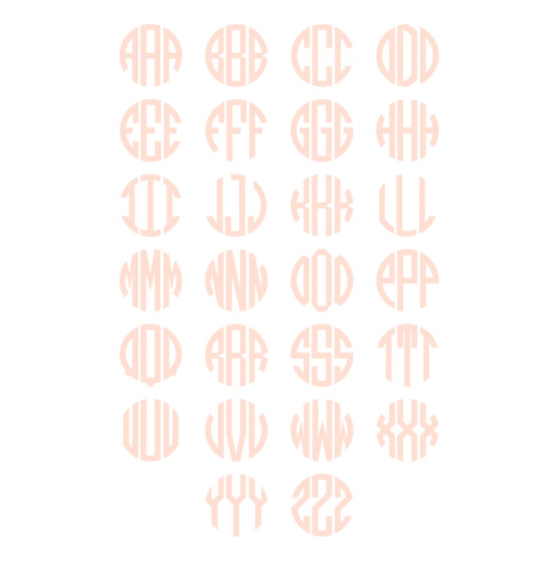 May include: A set of 26 pink oval-shaped monograms, each featuring a different letter of the alphabet. The monograms are arranged in rows of four, with the last row having only two monograms.