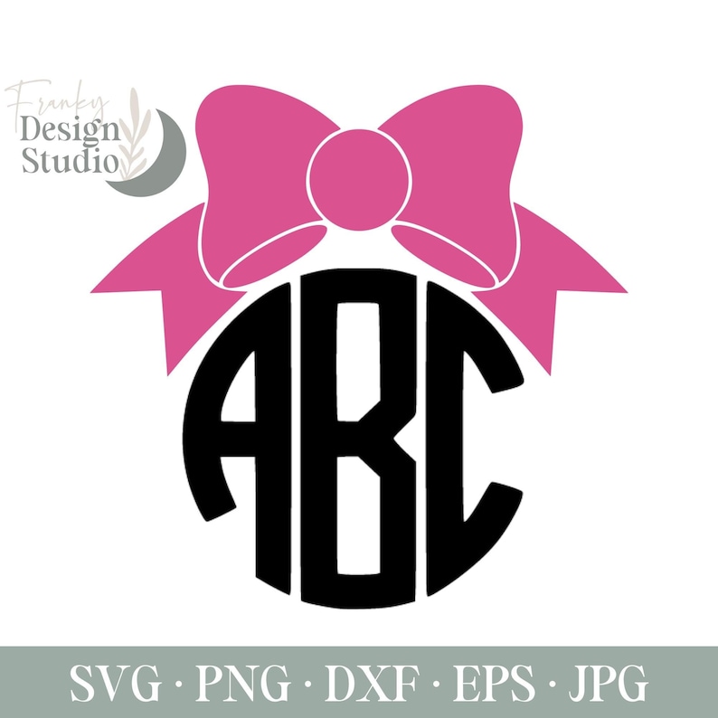 May include: A black circle with the letters ABC in a monogram style, topped with a pink bow.