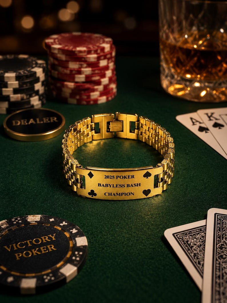 Puede incluir: Una pulsera dorada con la inscripci&oacute;n "2025 POKER BABYLESS BASH CHAMPION" se muestra sobre una superficie de fieltro verde. Fichas de p&oacute;quer, naipes y un vaso de l&iacute;quido &aacute;mbar est&aacute;n en el fondo. La pulsera tiene un dise&ntilde;o de eslabones.