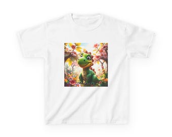May include: A white t-shirt with a green cartoon dinosaur in a colorful flower garden. The dinosaur is sitting on its hind legs and has a friendly expression.