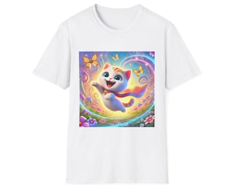 May include: White t-shirt with a colorful graphic of a white cat with orange ears flying through the air with butterflies and flowers. The cat is wearing a red cape.