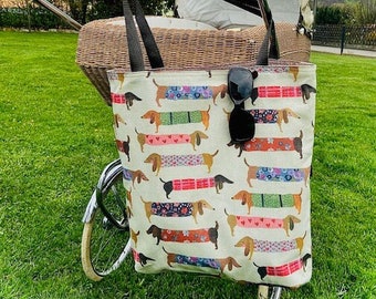 Shopper XXL im Leinenlook mit Dackelmotiv als Umhängetasche mit Futter Dackeltasche Hundetasche Schultertasche Dackel Hundeliebe Wendetasche