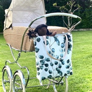 Große Kinderwagentasche in Leinenoptik mit längenverstellbaren Fixiergurten und Tragegurten Shopper  2 in 1  XXL Einkaufstasche Eukalyptus