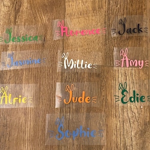 May include: Ten iron-on vinyl names with bunny ears in various colours, including green, blue, pink, yellow, orange, and black. The names are: Jessica, Jasmine, Alfie, Millie, Amy, Florence, Jack, Jude, Edie, and Sophie.