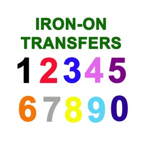 May include: Iron-on transfers featuring the numbers 1 to 10 in a variety of colours. The numbers are arranged in two rows. The first row is black, red, blue, pink, and purple. The second row is orange, grey, yellow, light blue, and dark blue.