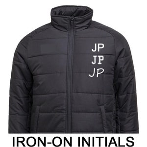 May include: Black puffer jacket with a zip fastening and a white iron-on patch that says "JP" three times.