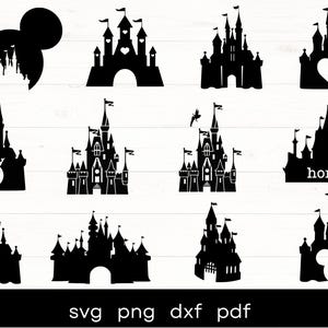 Kasteel svg bundel, prinses svg, kasteel clipart, hart hoofd Mickey mouse, magisch koninkrijk svg, bestanden knippen voor cricut silhouette
