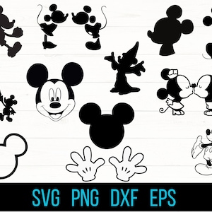 Op de afbeelding: Een set van 12 zwart-witte silhouette SVG-snijbestanden met Mickey Mouse en Minnie Mouse in verschillende poses, waaronder Mickey Mouse met een ballon, Mickey Mouse en Minnie Mouse die kussen, en Mickey Mouse met zijn kenmerkende handschoenen.