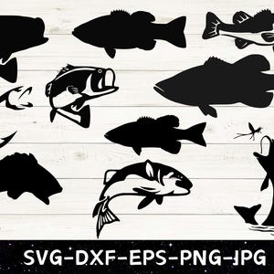 May include: A collection of black fish silhouettes in various swimming and jumping poses, including some with detailed markings and one chasing a lure. The bottom text reads SVG-DXF-EPS-PNG-JPG, indicating the available digital file formats.