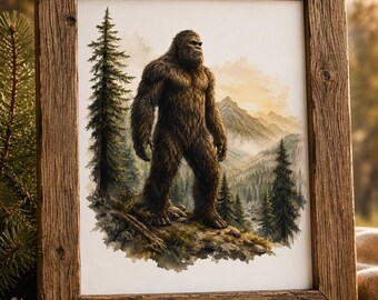 Lámina de acuarela de Bigfoot / Arte mural de Sasquatch / Decoración rústica de cabaña / Lámina imprimible de bosque de montaña / Arte de críptidos / Arte mural de naturaleza