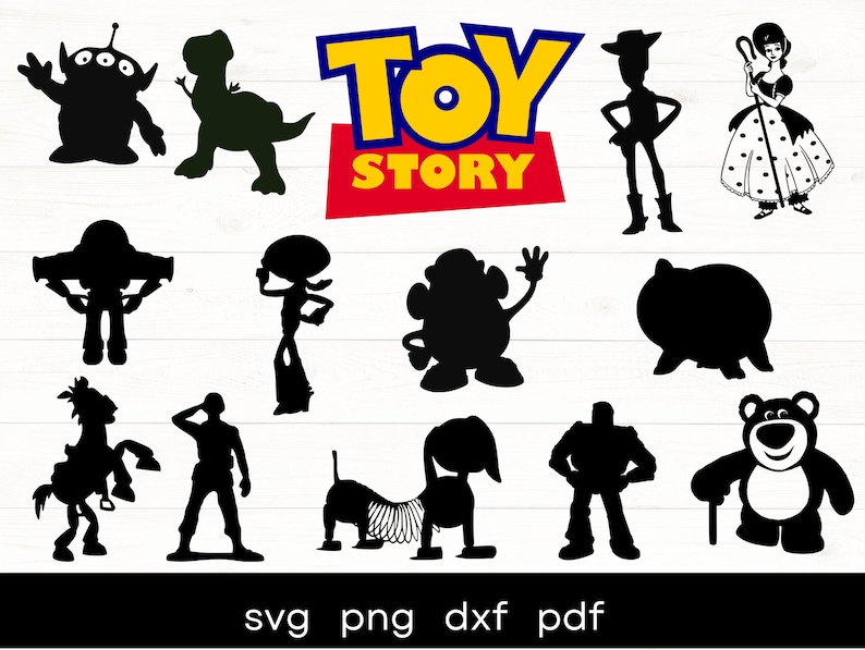 May include: Black silhouette cutouts of characters from the movie Toy Story. The characters include Woody, Buzz Lightyear, Jessie, Mr. and Mrs. Potato Head, Rex, Slinky Dog, Hamm, and the alien. The text "TOY STORY" is in yellow letters with a red outline.