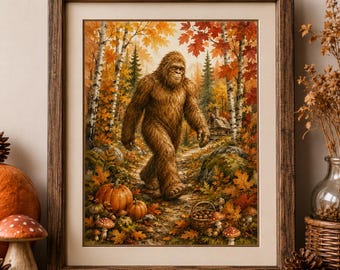 Lámina decorativa de otoño con diseño de Sasquatch / Decoración otoñal de Bigfoot / Lámina rústica para cabaña / Acuarela / Decoración acogedora para refugio / Descarga digital