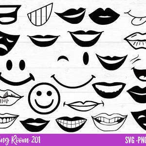 May include: A set of 20 black and white SVG cut files featuring various mouth and smile expressions. The designs include a variety of shapes and sizes, perfect for crafting projects.