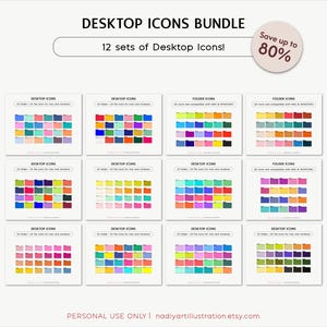 May include: A digital bundle of 12 sets of desktop icons featuring various colorful folder and file designs. The text reads DESKTOP ICONS BUNDLE, 12 sets of Desktop Icons!, Save up to 80%, and PERSONAL USE ONLY | nadiyartillustration.etsy.com.
