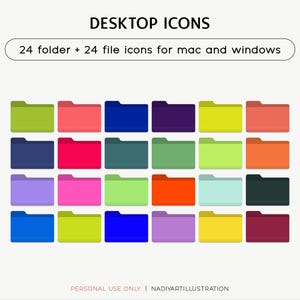フォルダとファイルのアイコンのセット、Mac と Windows のデスクトップ アイコン、明るい色のアイコン、コンピュータのデスクトップ アイコン、カラフルなデスクトップ オーガナイザー