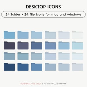 以下が含まれることがあります： MacとWindows用の24個のフォルダアイコンと24個のファイルアイコンのセット。アイコンはさまざまな青色とグレーの色合いです。