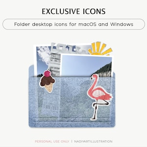 May include: A light blue felt pocket with a photo and stickers of a flamingo, ice cream cone, and sun. The text reads "EXCLUSIVE ICONS" and "Folder desktop icons for macOS and Windows."