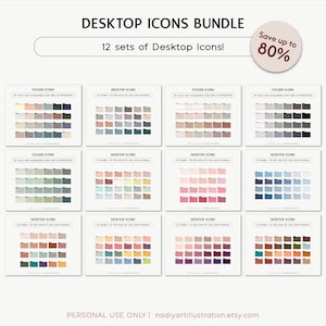 May include: A digital bundle of 12 sets of desktop icons featuring various color palettes for folder and desktop organization. The text reads DESKTOP ICONS BUNDLE, 12 sets of Desktop Icons!, and Save up to 80%. Compatible with Mac and Windows.