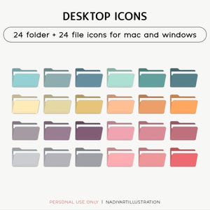 May include: A collection of 24 folder icons in various pastel and muted shades, including blue, green, yellow, orange, purple, pink, and gray. The text DESKTOP ICONS and 24 folder + 24 file icons for mac and windows is displayed at the top.