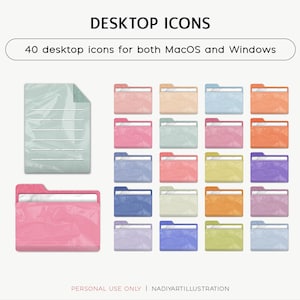 May include: A collection of 40 desktop icons for MacOS and Windows, featuring colorful folder and document illustrations. The icons are in various pastel shades, including pink, blue, orange, and yellow. The image includes the text "DESKTOP ICONS" and "40 desktop icons for both MacOS and Windows."