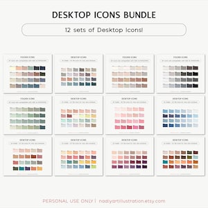 May include: A bundle of 12 sets of desktop icons. Each set features 24 folder icons compatible with Mac and Windows. The icons are in various color palettes, including neutral tones, pastels, and vibrant hues. Text at the top reads "DESKTOP ICONS BUNDLE" and "12 sets of Desktop Icons!"