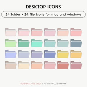 May include: A digital collection of desktop icons featuring 24 folder and 24 file icons for Mac and Windows. The icons are displayed in a grid, showcasing a variety of pastel and muted colors including pink, green, blue, yellow, and brown tones.