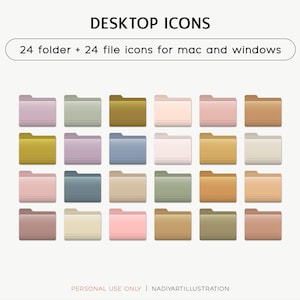 May include: A collection of 24 folder and 24 file icons for Mac and Windows, in a variety of pastel colors. The icons are arranged in a grid pattern against a light background. The text "DESKTOP ICONS" is at the top, with "24 folder + 24 file icons for mac and windows" below.