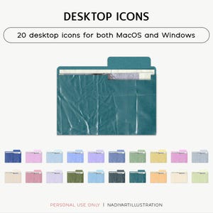 May include: A teal folder with a clear plastic front, containing papers, sits above a collection of 20 colorful desktop icons. The text "DESKTOP ICONS" and "20 desktop icons for both MacOS and Windows" are displayed at the top. "PERSONAL USE ONLY I NADIYARTILLUSTRATION" is at the bottom.