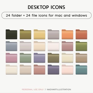 May include: A collection of 24 folder and 24 file icons for Mac and Windows. The icons are in various colors, including black, olive, yellow, gray, orange, and red. The text "DESKTOP ICONS" and "24 folder + 24 file icons for mac and windows" are displayed.