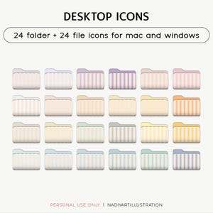 May include: A digital collection of desktop icons featuring 24 folder and 24 file icons for Mac and Windows. The icons display a variety of pastel-colored vertical striped patterns in shades of pink, purple, orange, yellow, green, and blue.