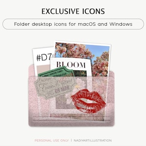 Peut inclure: Icône de dossier rose avec le texte "EXCLUSIVE ICONS" et "Folder desktop icons for macOS and Windows". À l'intérieur se trouvent des images et un ticket. Une empreinte de lèvres rouges est sur le dossier.