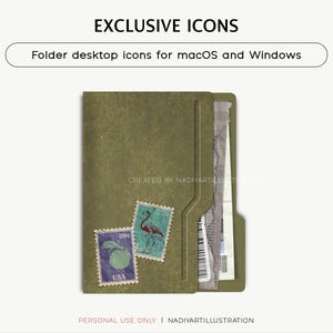 May include: An olive green folder with two postage stamps and the text "EXCLUSIVE ICONS" and "Folder desktop icons for macOS and Windows". The stamps feature a bird and a fruit. The folder contains papers.